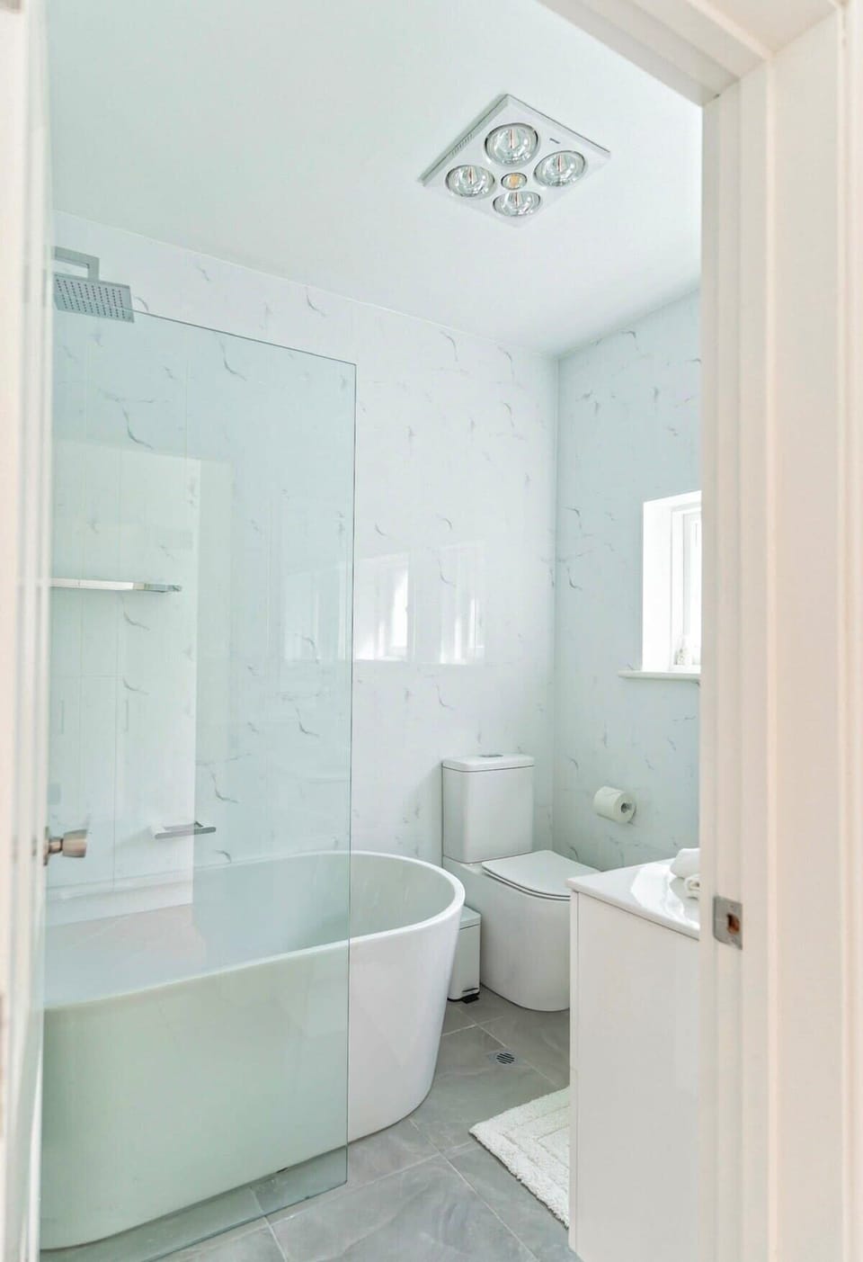 Fully renovated bathroom including a free-standing egg bath