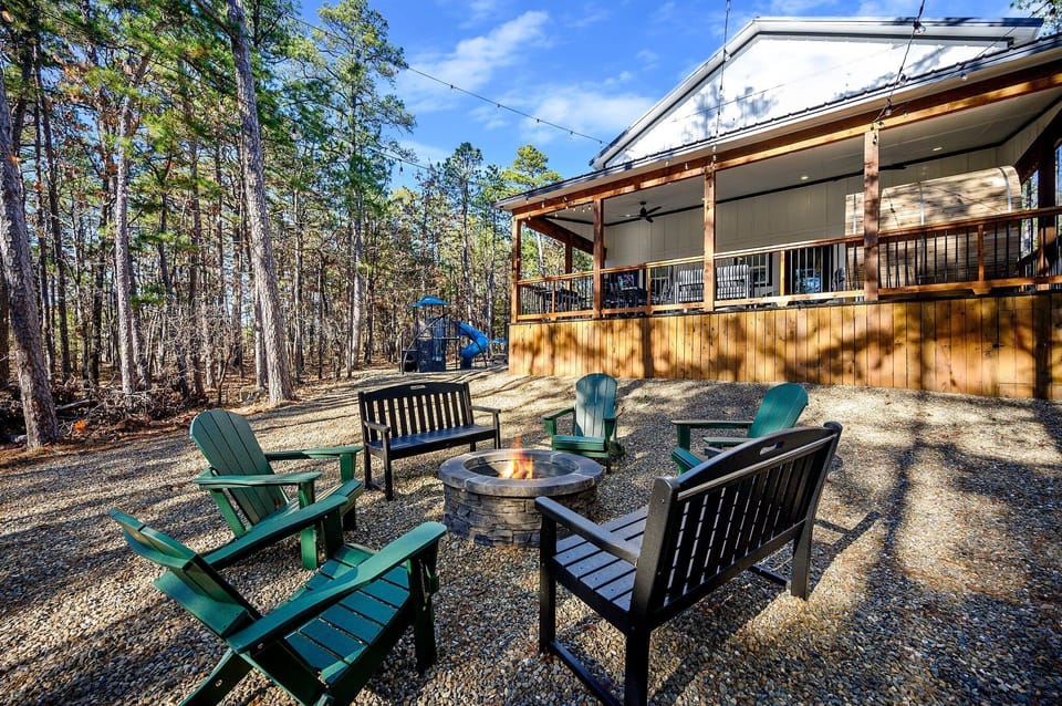 Everything you need for outdoor fun—playground, fire pit, and space for the whole crew! 