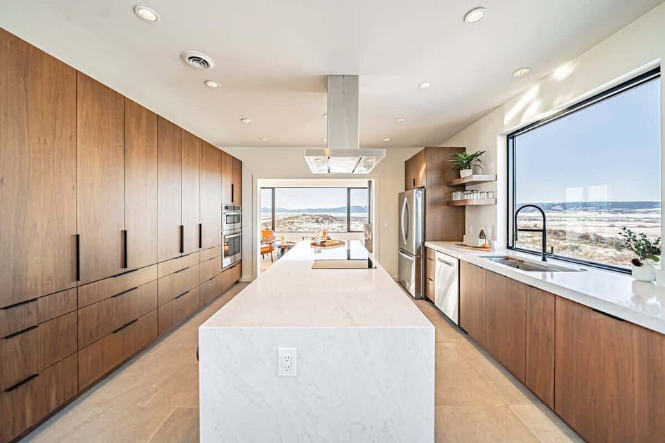 The spacious kitchen, looking south. 