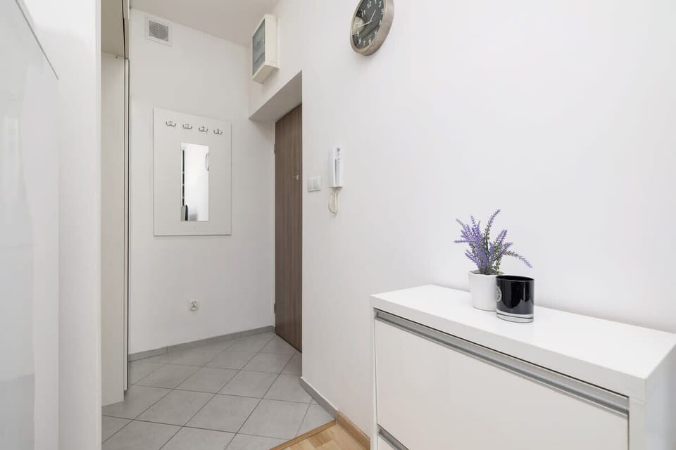 Welcoming hallway with white furniture and a mirror, leading into the main living area, decorated with tasteful and minimalist decor.
