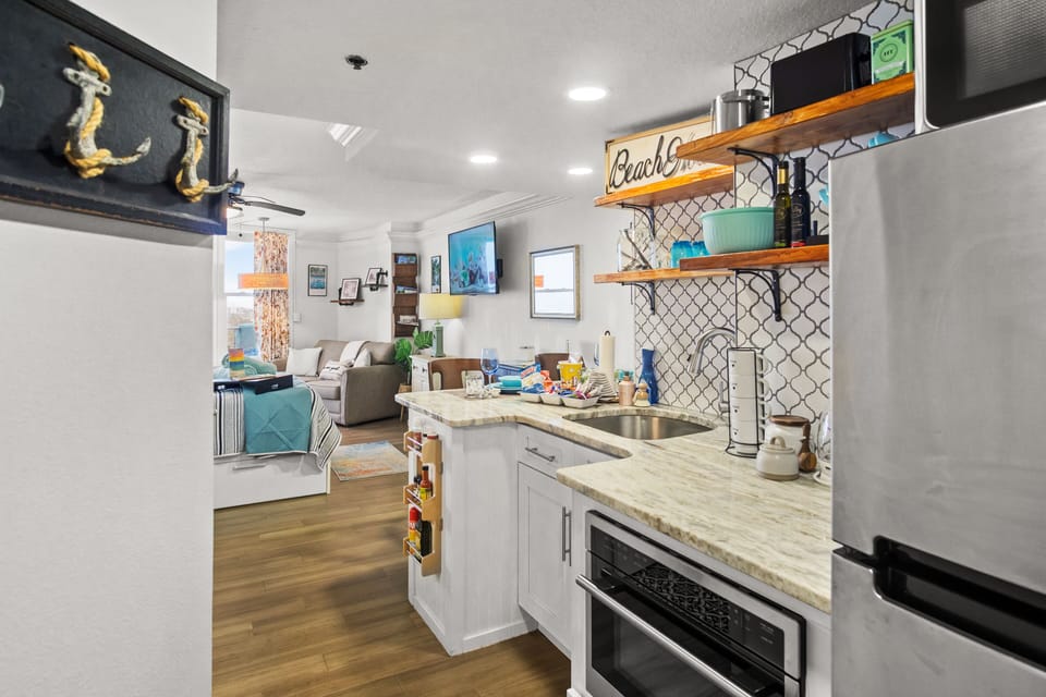 Hungry?  The kitchen has a full-size fridge, oven, hotplate, microwave and more!
