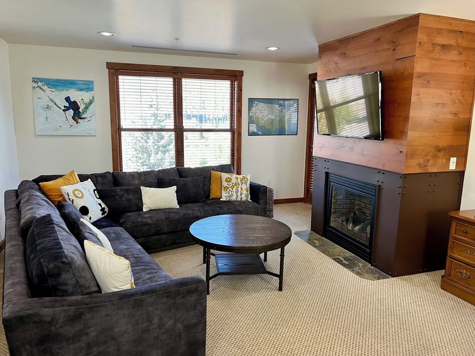 Living room with gas fire place and cable TV.