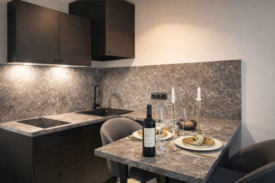 Contemporary living area with a dining table, suitable for work or meals