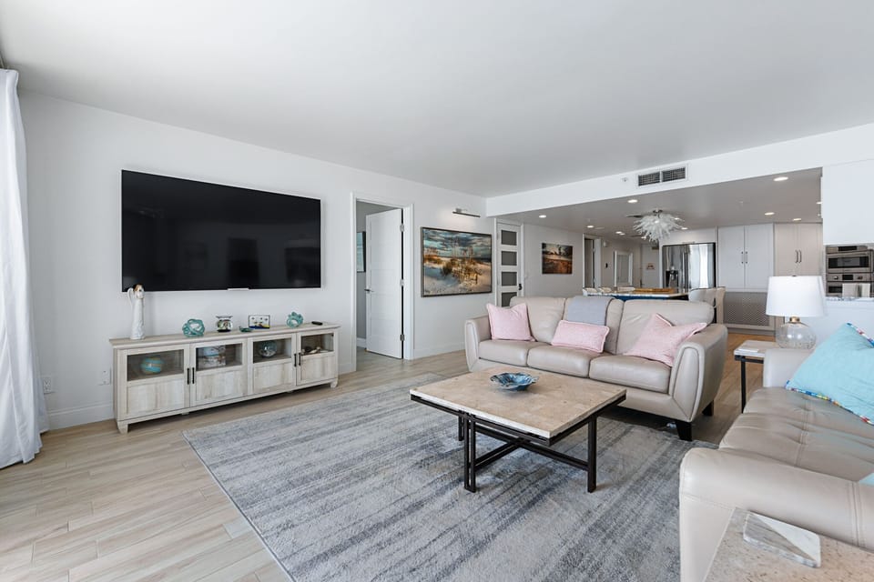 Tranquil relaxation space featuring a large-screen TV