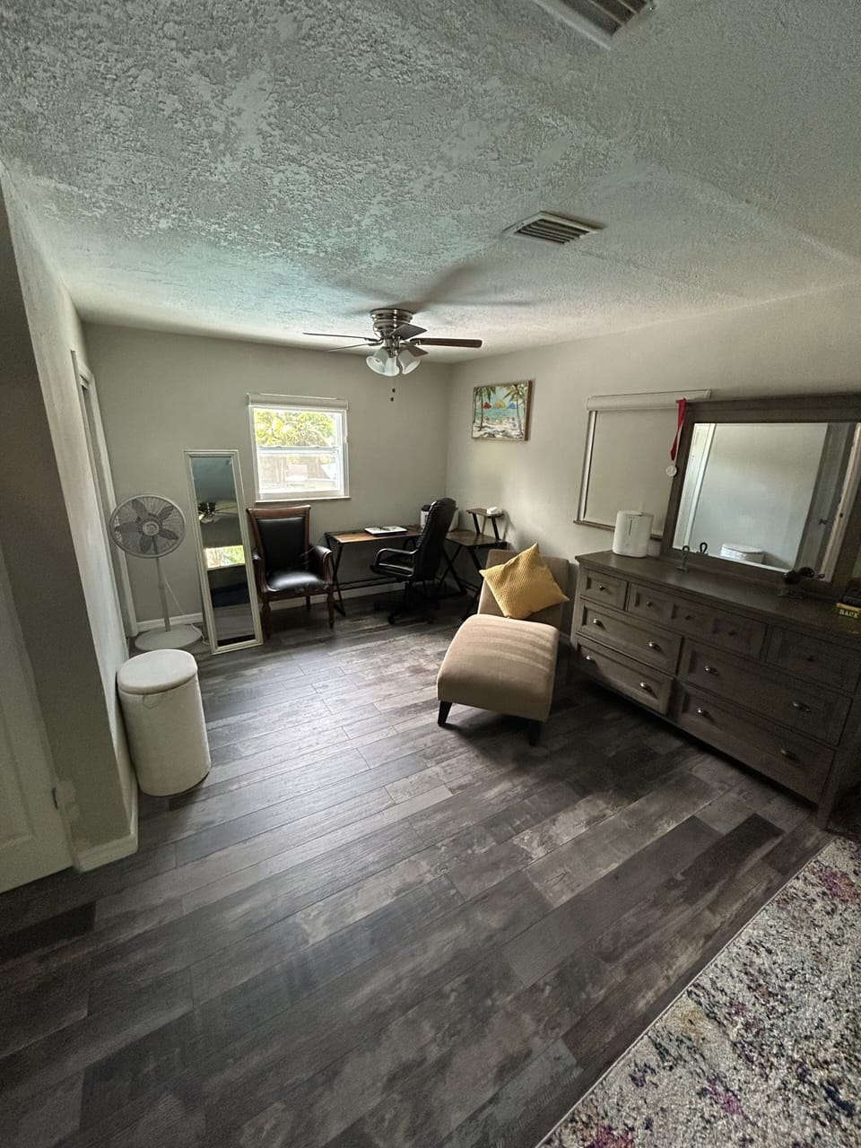Office desk with complimentary printer. View of backyard while you work remote.