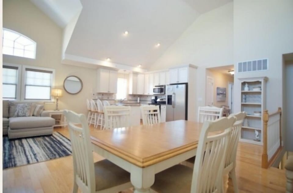 open concept kitchen, living, dining room