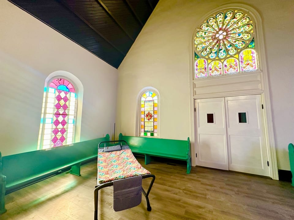 Nap here! Wake up refreshed and free from aches and pains, as the stunning view of stained glass windows above adds a touch of peaceful beauty to your relaxation. 