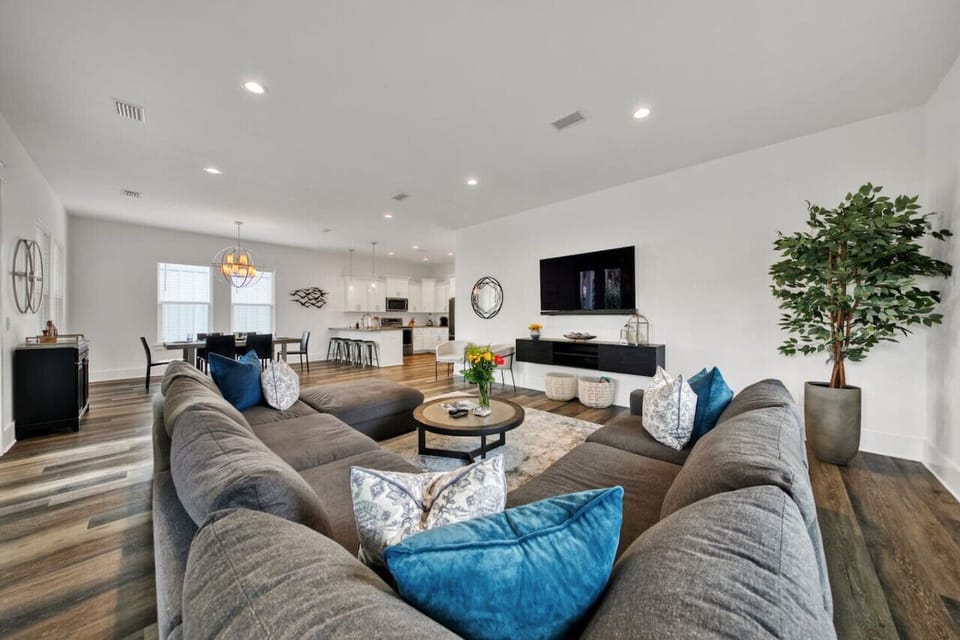 Spacious open living room, dining room, and kitchen