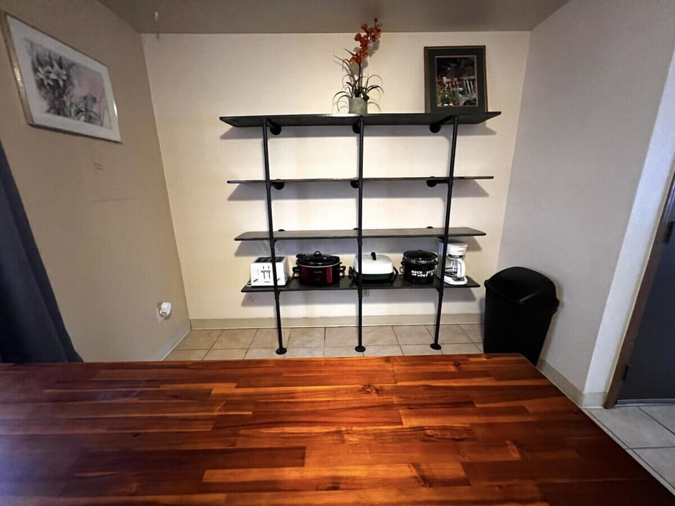 New shelves in the kitchen to store all of your pantry items and small appliances.