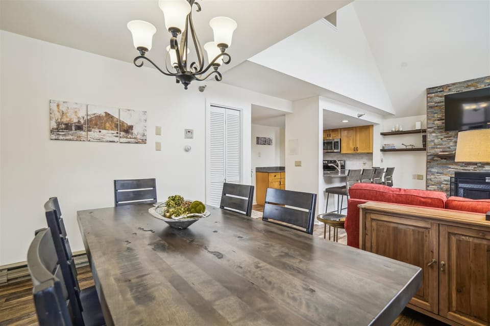 Easy flow between the kitchen, dining, and living areas makes entertaining simple.