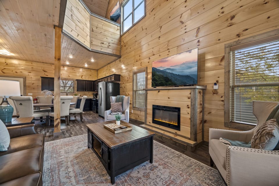 The fireplace is electric and has multiple heat settings