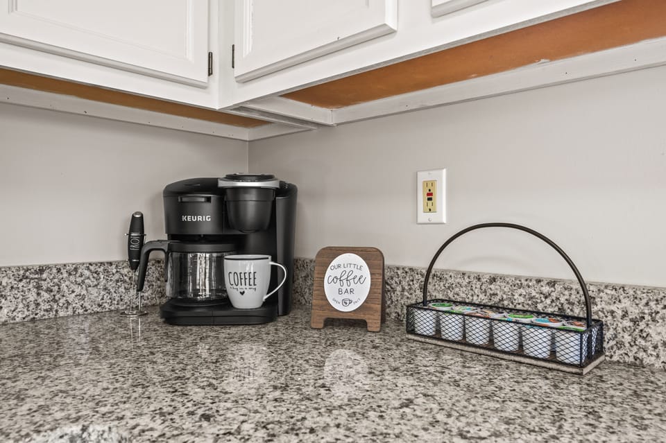 Coffee bar with Keurig K-duo coffee maker and k-cups!