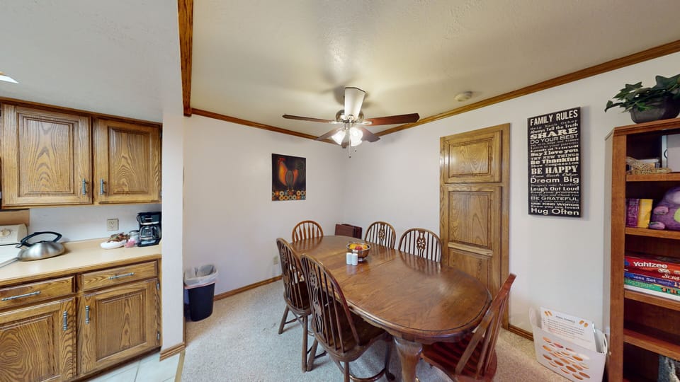 Dining room table seats 6.