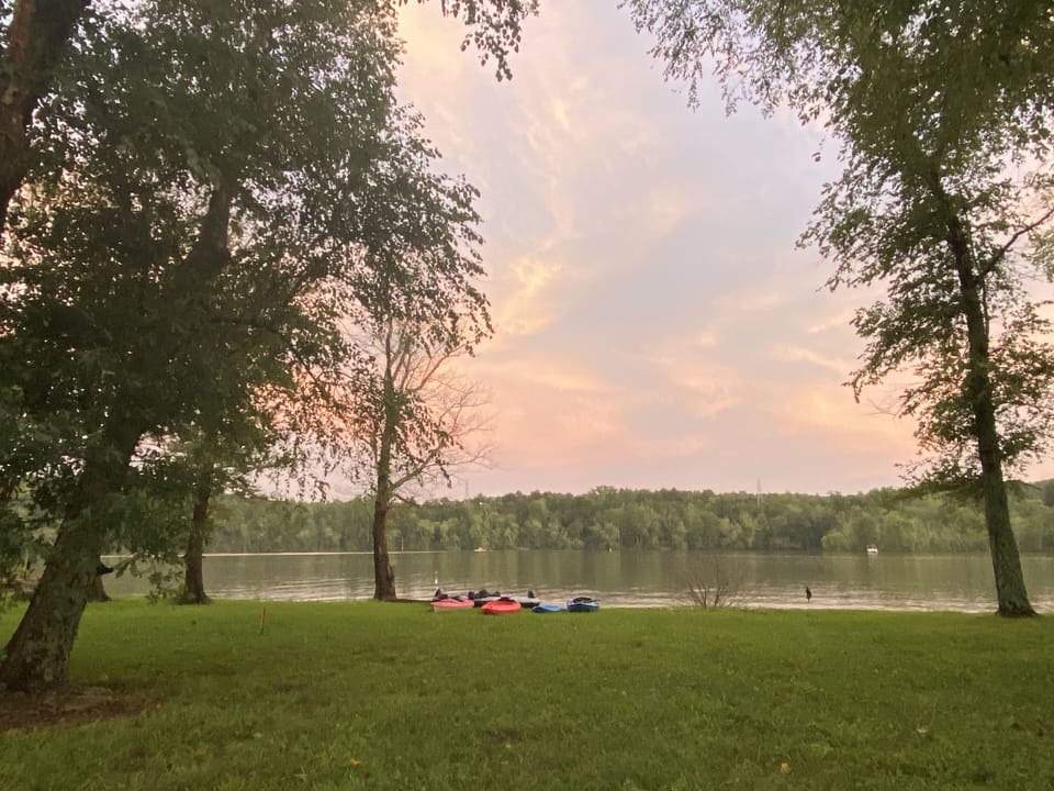 View of lake from deck - kayaks for your use!