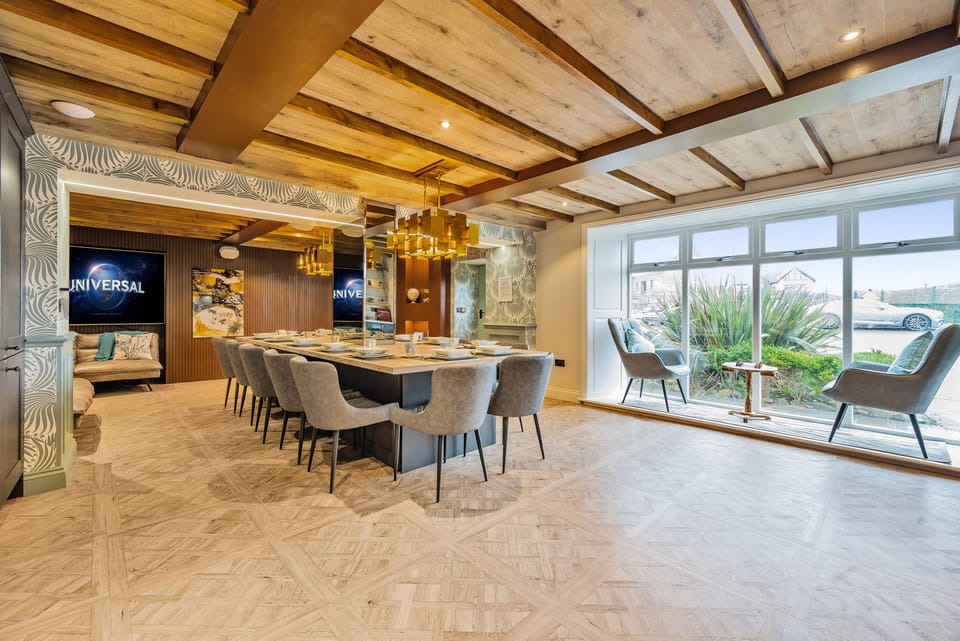 Opulent dining area and relaxation space with chess board