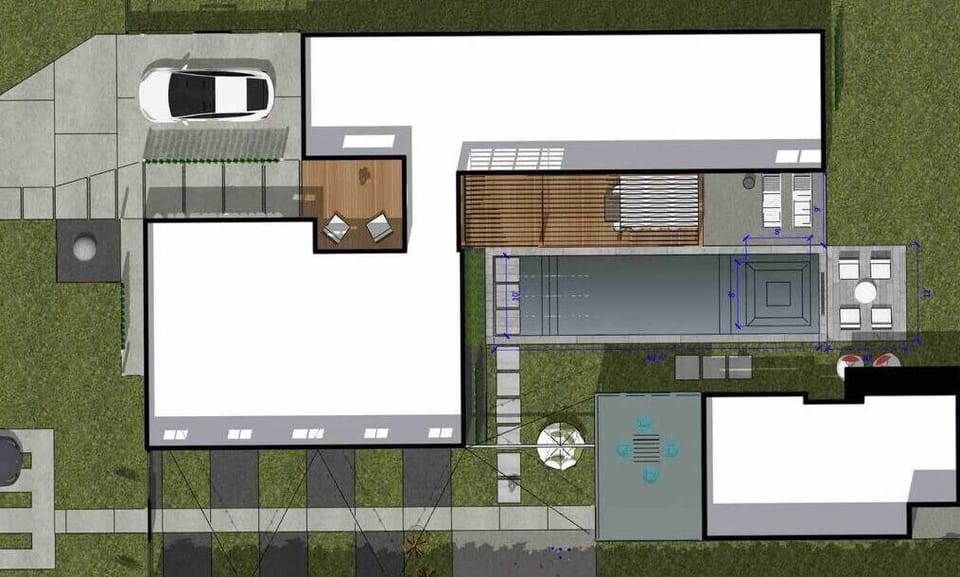 Bird’s eye view of unit b and a. Please note we do not offer access to the pool but I want you to see that our two kids will often be playing in the shared back yard! 