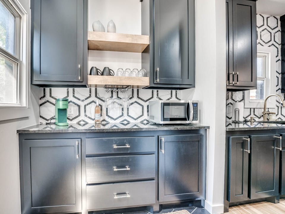 Butlers pantry - coffee essentials, wine glasses, microwave