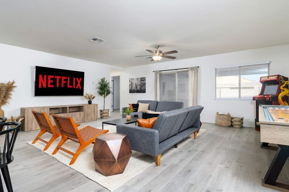 Entertain your guests with a 65 inch TV, a shuffleboard, and an arcade game machine with 13 different games!