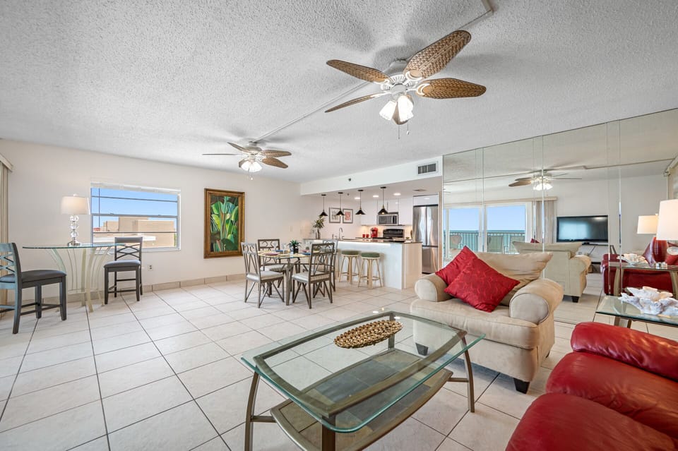 View from living room looking towards dining and kitchen area.