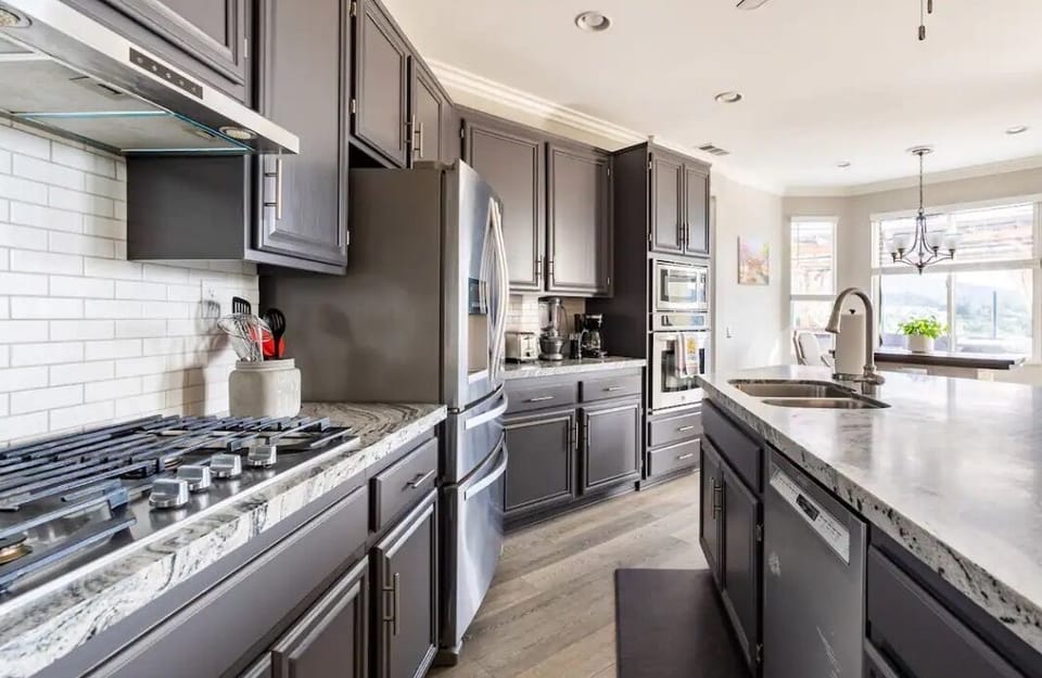 Kitchen area with a mountain view