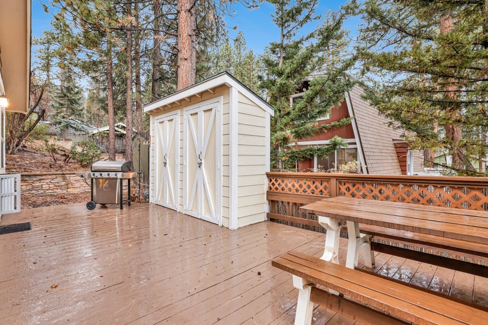 Private outdoor area with a BBQ surrounded by tall pines, perfect for relaxing under the trees after a day of adventure—enjoy peaceful forest views, fresh air, and a truly rejuvenating stay.