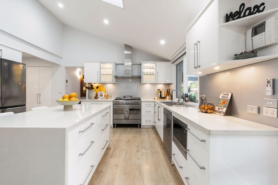 The fully equipped gas kitchen has plenty of appliances, pots pans, utensils etc