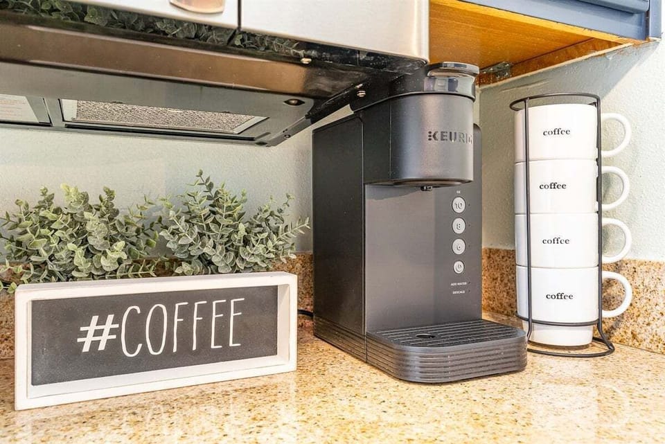 The coffee station is ready for slow mornings before heading out.