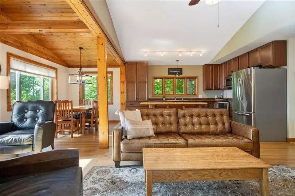 Main living area into kitchen and dining area.

