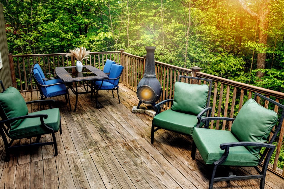 Mornings or evenings on the back deck with a chiminea and grill 