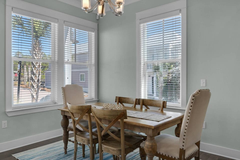 Farmhouse style dining table that seats 6, an island with seating for 3