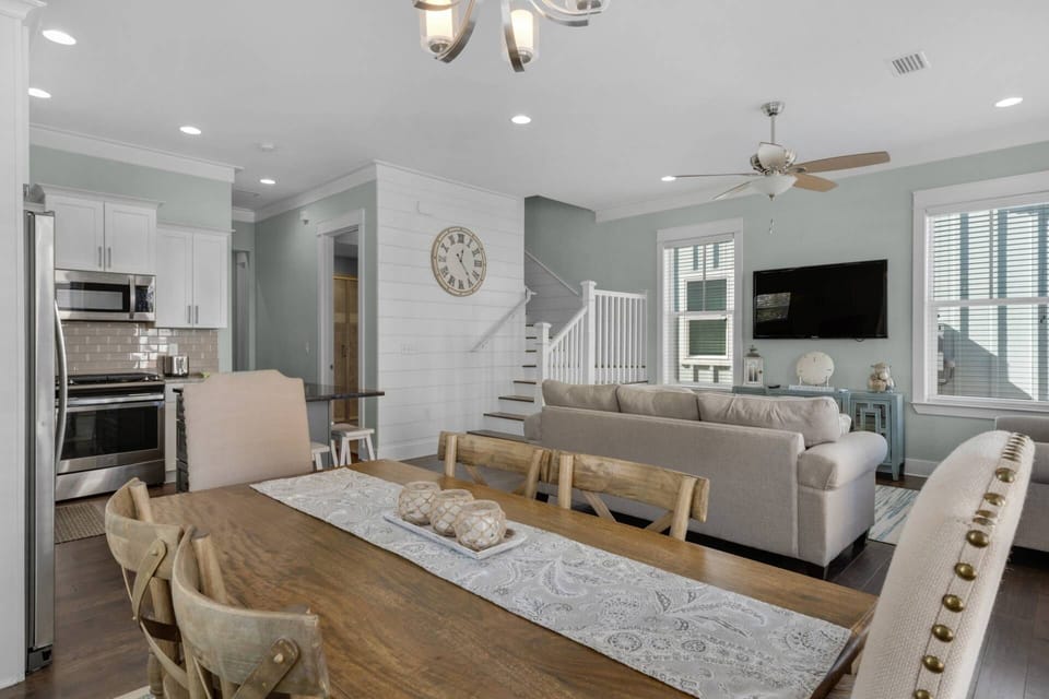 Farmhouse style dining table that seats 6, an island with seating for 3