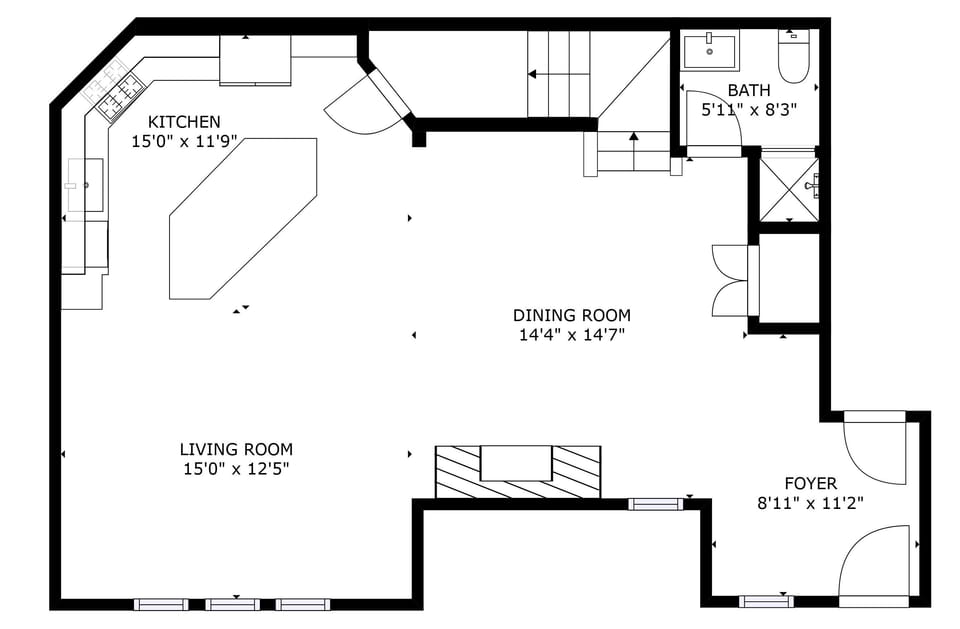 Open-concept living space with fully equipped kitchen, dining area, and comfortable living room. Ideal for entertaining, relaxing, and family gatherings, with seamless flow, modern finishes, and prime vacation-rental comfort.