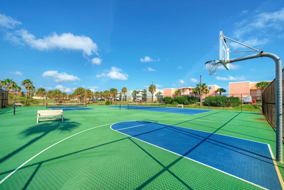Shared pickleball and basketball court.