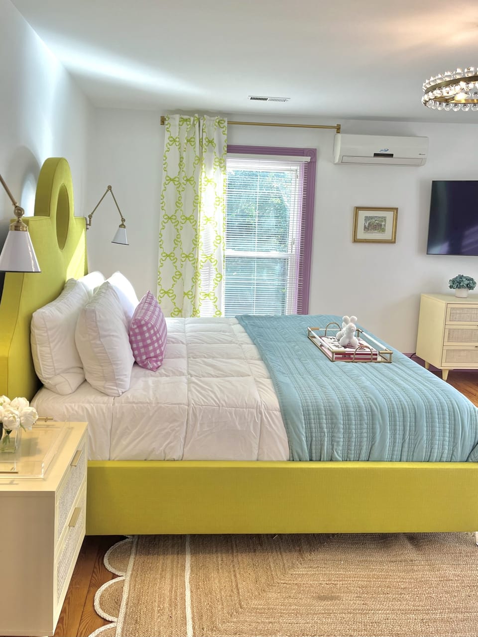 Suite 7: The second largest suite has a custom made King bed, 55" Smart TV, marble bath with glass enclosed two-head shower, seating nook, and access to a semi-private balcony that is shared by 2 other suites.