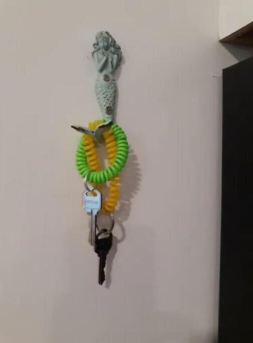 extra keys on kitchen wall next to refrigerator. 