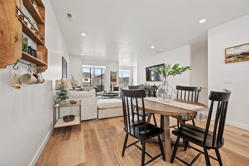 Open concept design from dining area to living room.