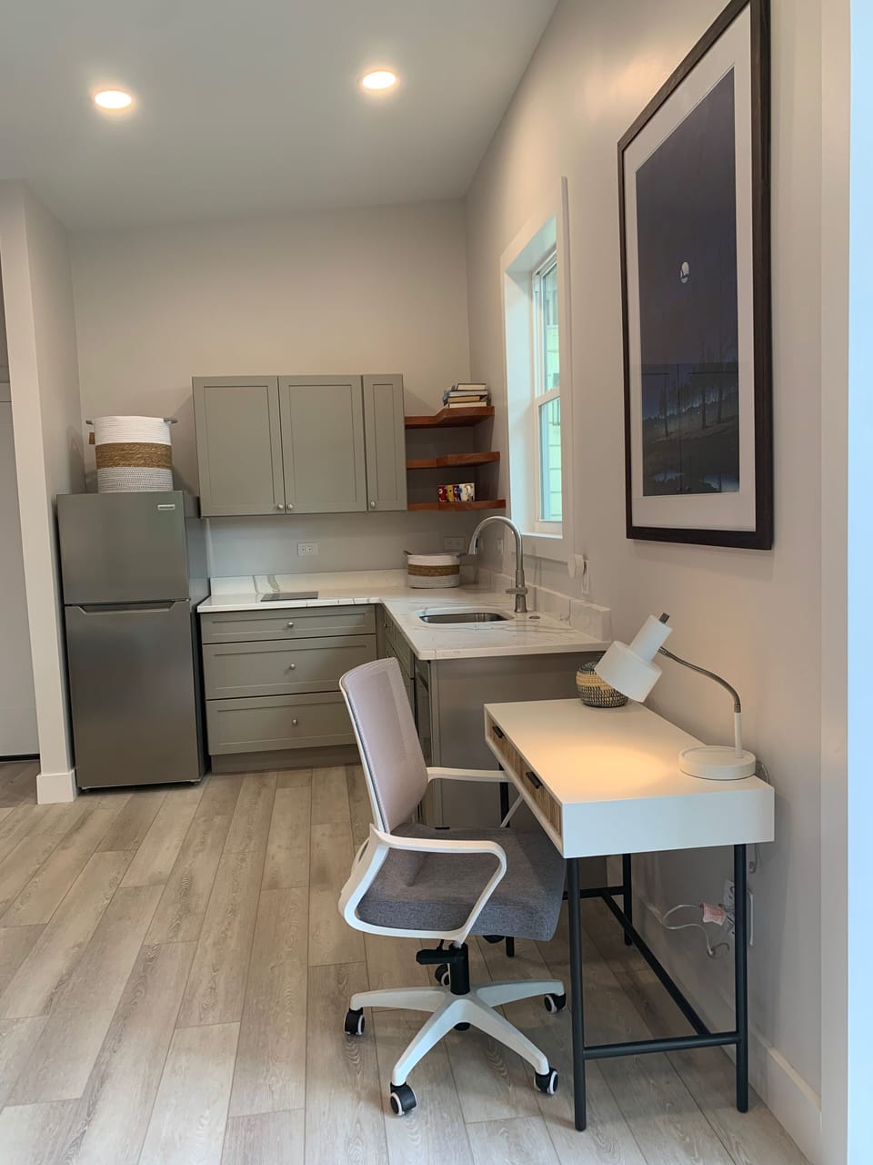 Desk by kitchenette in guest house