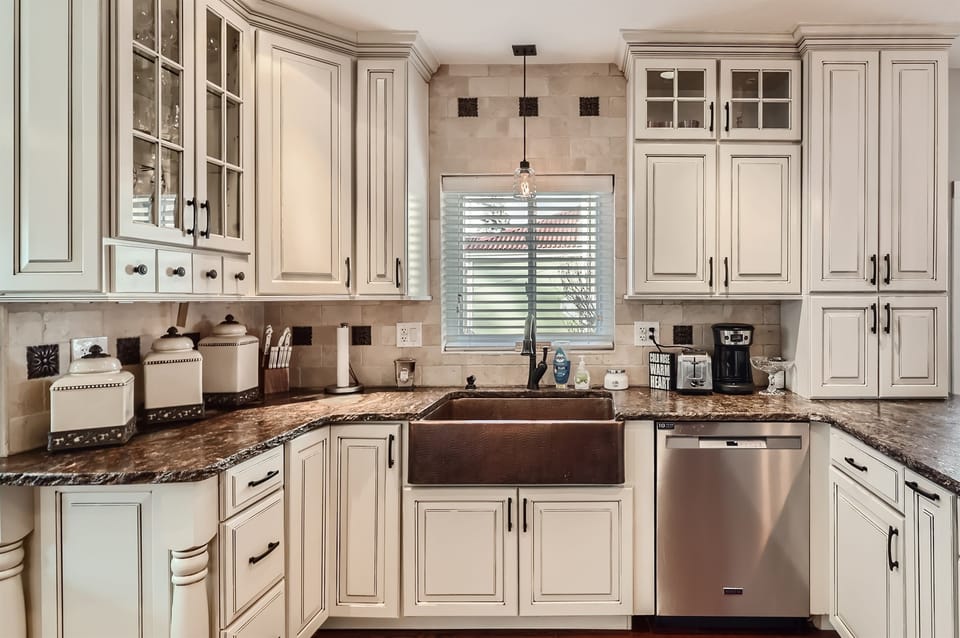 beautiful kitchen with copper sink
