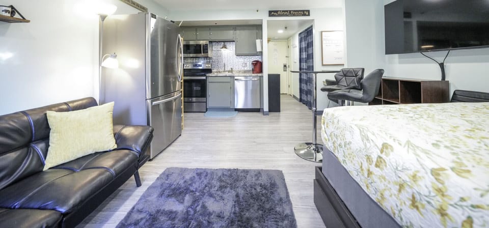 Futon couch, comfortable for one person. Fully equipped kitchen with essential cooking supplies provided (cookware, spices, coffee, creamer, sugar)