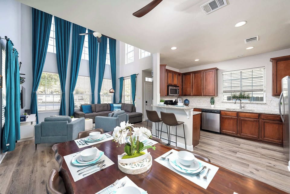 Open-layout dining and kitchen area