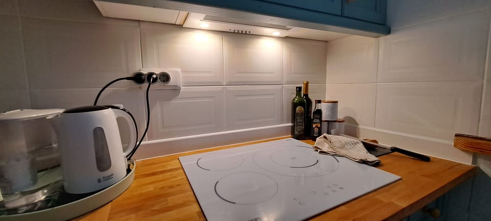 Kitchen with Induction hob, oven, refrigerator, coffee machine, electric kettle.