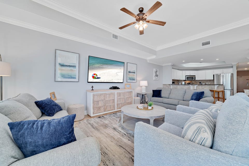 Coastal colors welcome you into the open floor plan living space