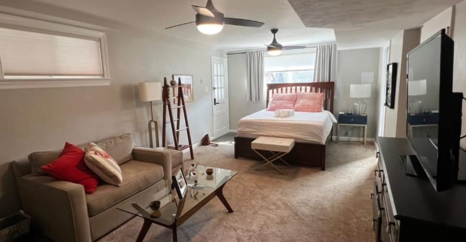Pull-out sofa and extra seating featured in basement bedroom queen size bed