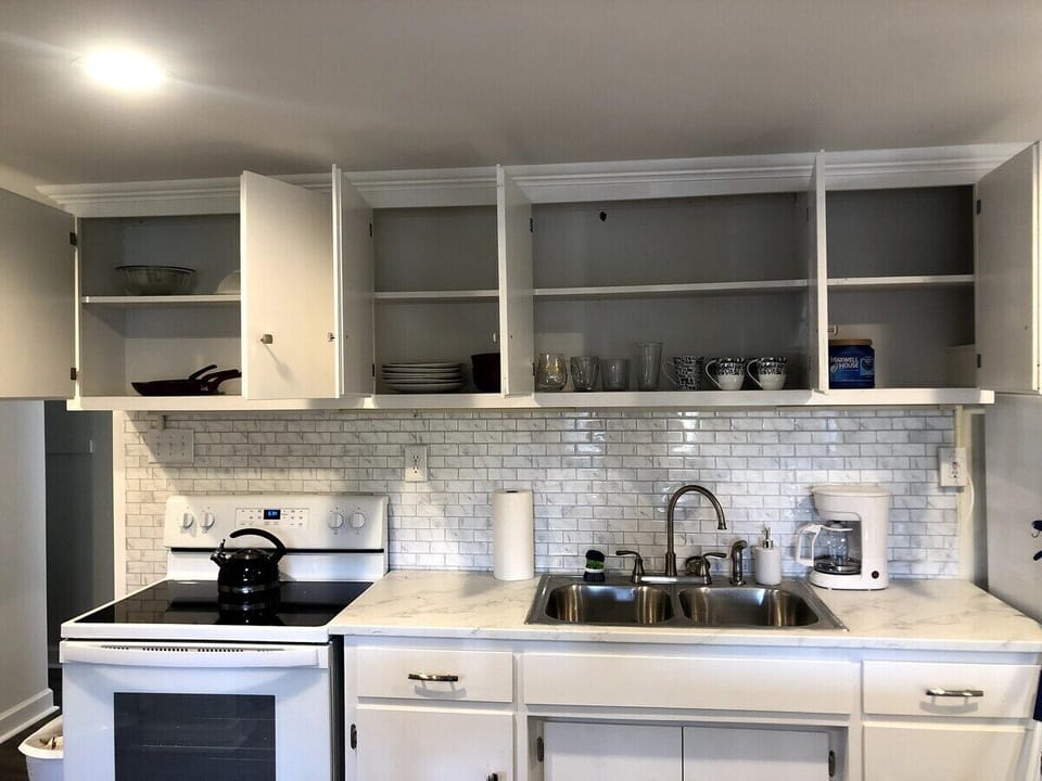 Kitchen is stocked with all your basic cookware and utensils, as well as coffee to get you going in the mornings!