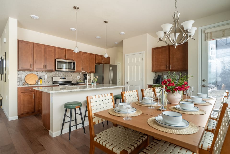 Kitchen and dining area with kitchen island