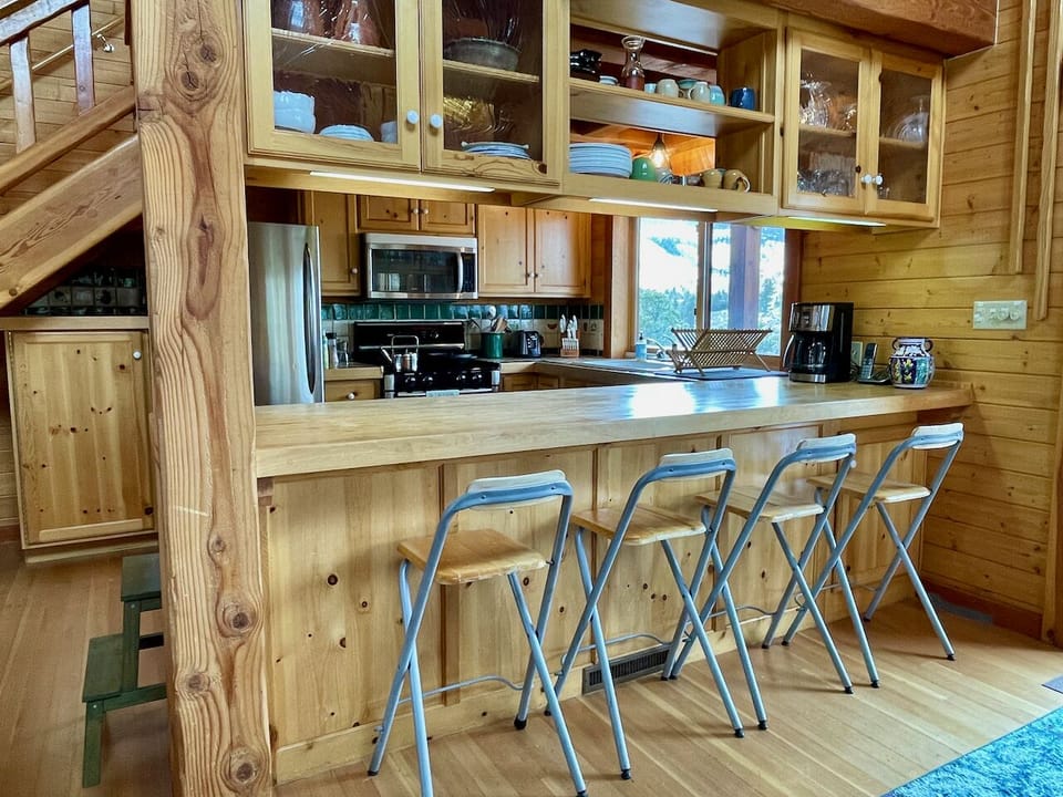 Fully stocked kitchen- electric Bosch stove, toaster cast iron pans, etc.