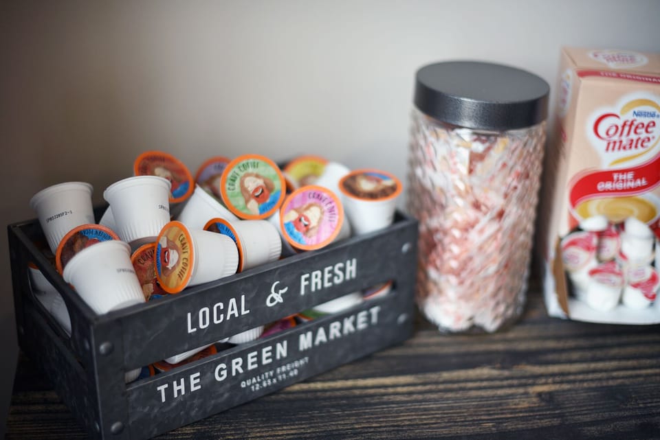 Start fresh w/ complimentary coffee pod machine to sip, relax & enjoy.