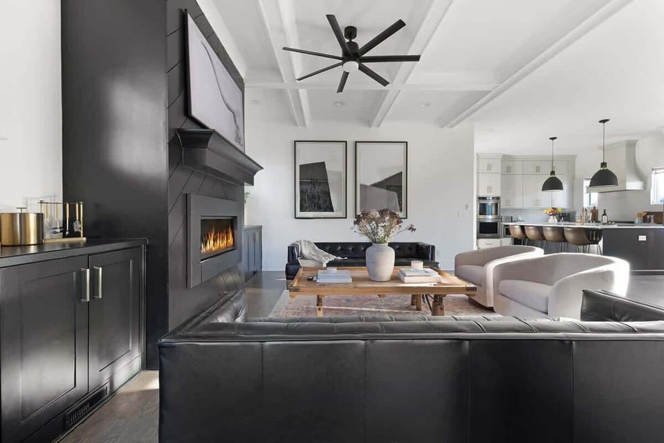 Warm Living Room with Fireplace and Comfortable Sofas