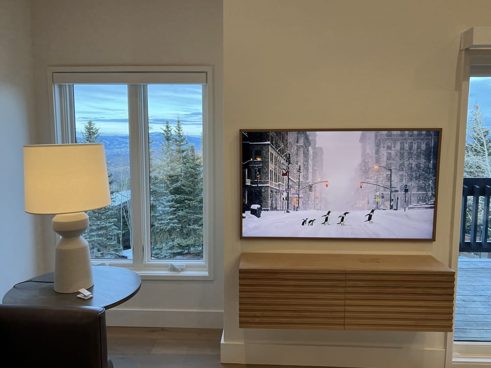View of mountains from living room. 55 inch Samsung Frame TV
