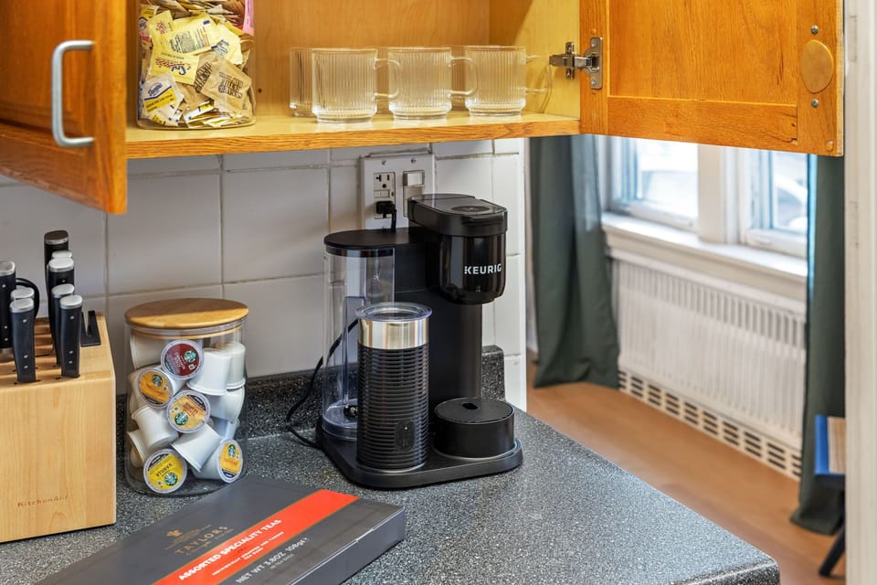 Indulge in the convenience of a Keurig coffee machine in the kitchen